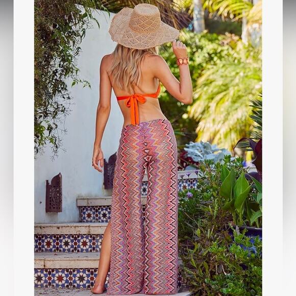 Becca Sundown Crochet Split Leg Swim Cover Up Pants Carrot Orange, Pink L - Picture 3 of 8